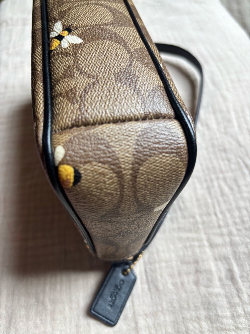 Coach Brown Signature Bee Print Shoulder Bag with Black Trim - Picture 11 of 16
